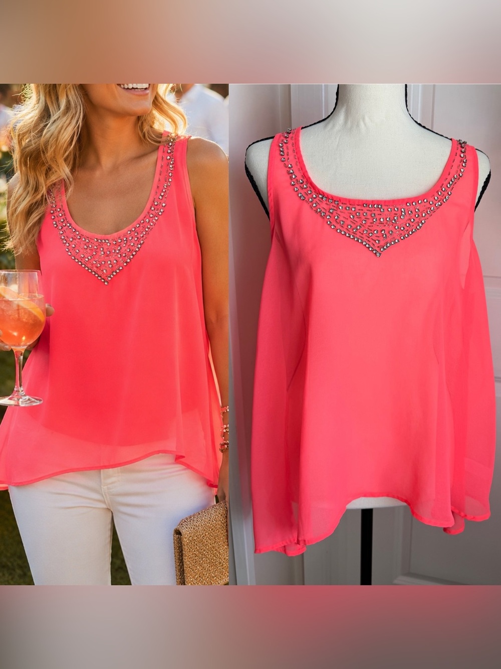 BLVD Beaded Rhinestone Chiffon Sleeveless Tank Top Neon Orange Sz L